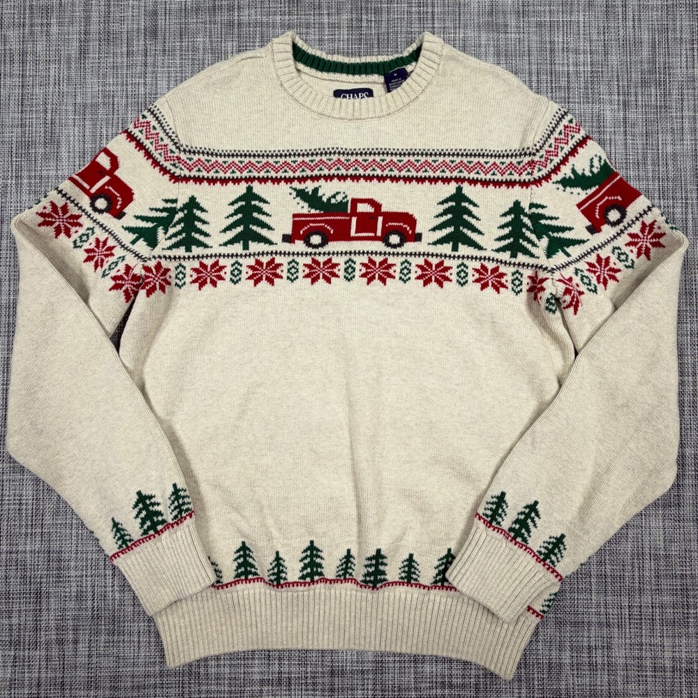 Chaps Mens Christmas Sweater M Cream Fair Isle Red Pickup Truck Trees Cotton